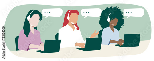 Customer service, call center 24/7 with three hotline operators consult customers with headsets on laptop. 
Global online technical support, call processing system.