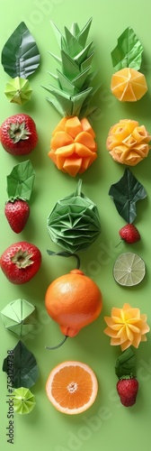 Handmade Colorful Origami Fruits on Green Background Generative AI