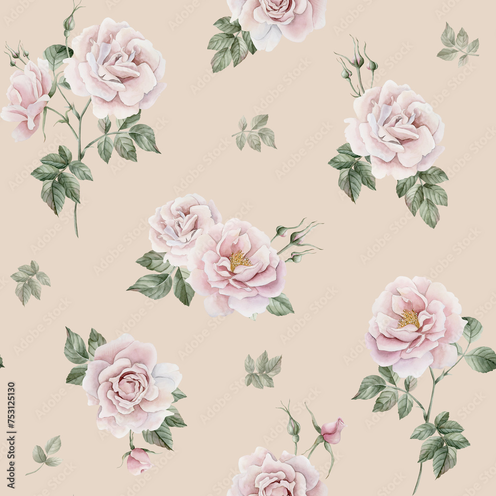 Rose hip pink flowers with buds and green leaves, Victorian style, watercolor seamless pattern on beige background