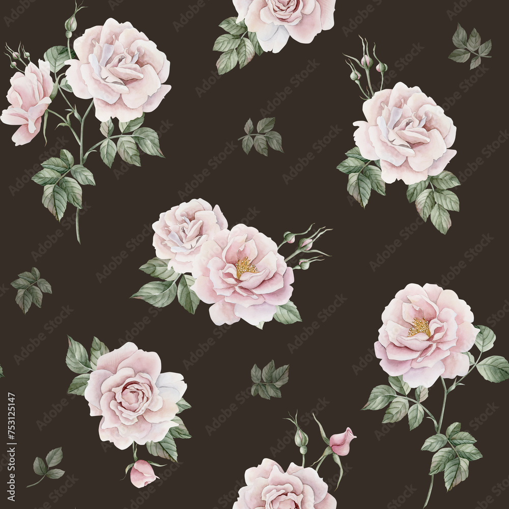 Rose hip pink flowers with buds and green leaves, Victorian style, watercolor seamless pattern on dark background