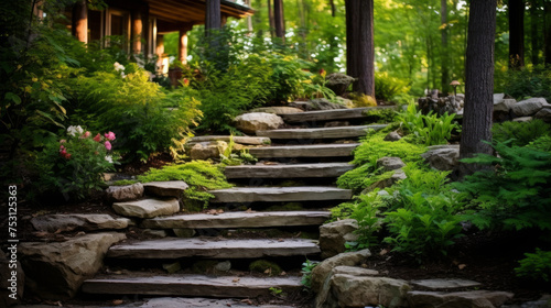 Rustic wooden staircase in a natural