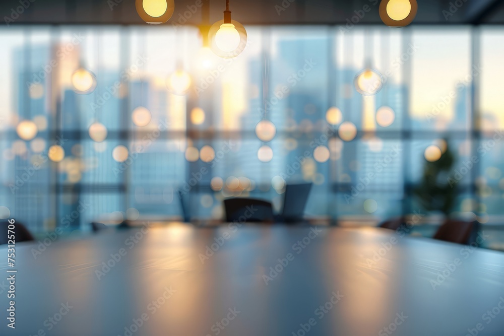 Blurred office and workplace background. Conference room with floor-to-ceiling windows capturing a stunning view of the city skyline, featuring contemporary interior design and ample natural lighting.