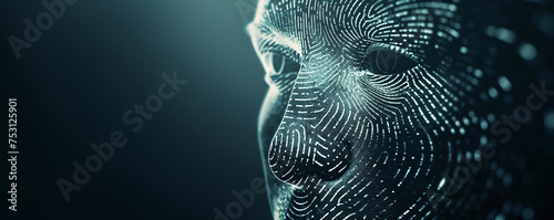 a digital human face with a finger print pattern, representing identity theft and biometrics used in cyber security, with copy space