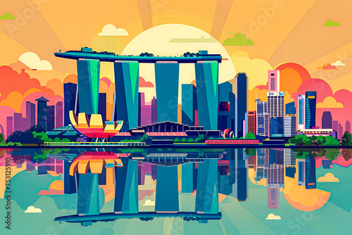 A flat vector skyline illustration of Singapore. Gradient night time design. photo