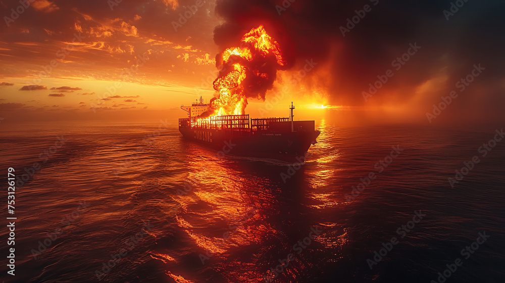 Fototapeta premium fire is burning large cargo ship while traveling to deliver goods at sea during sunset,generative ai