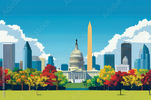 A flat vector skyline illustration of Washington DC, United States. Capital of USA.