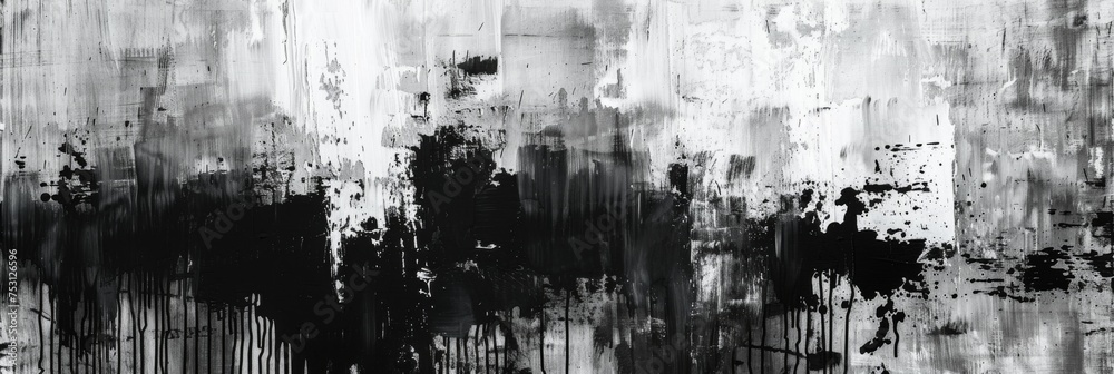 Abstract black and white paint drippings - This abstract art evokes a sense of chaos and disorder with its black and white paint spillings across a canvas