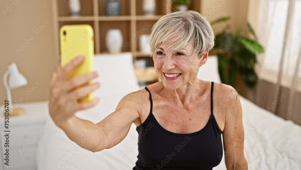 Mature hispanic woman with grey hair taking a selfie on bed indoors Stock ビデオ | Adobe Stock