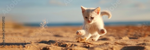 Energetic kitten bounding on sandy beach - Capturing the dynamic motion of a white kitten leaping playfully on a sunny beach photo