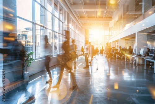 Blurred office and workplace background. Employees in motion  walking through a bright office space  captured in a blurred effect.