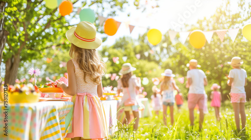 A group of kids and family celebrating a birthday or Easter in the park at summer