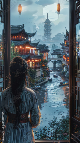 Chinese girl gazes from window at dusk, pondering future, river and buildings afar.generative ai