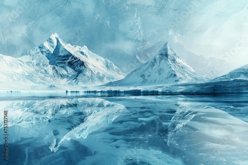 Icy mountain landscape digital artwork - An icy, serene mountain landscape reflected on a lake in digital artwork showing tranquility and coldness