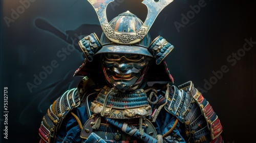 Intricate samurai armor in display - Detailed samurai armor with a vibrant blue and gold design, highlighted by museum lighting