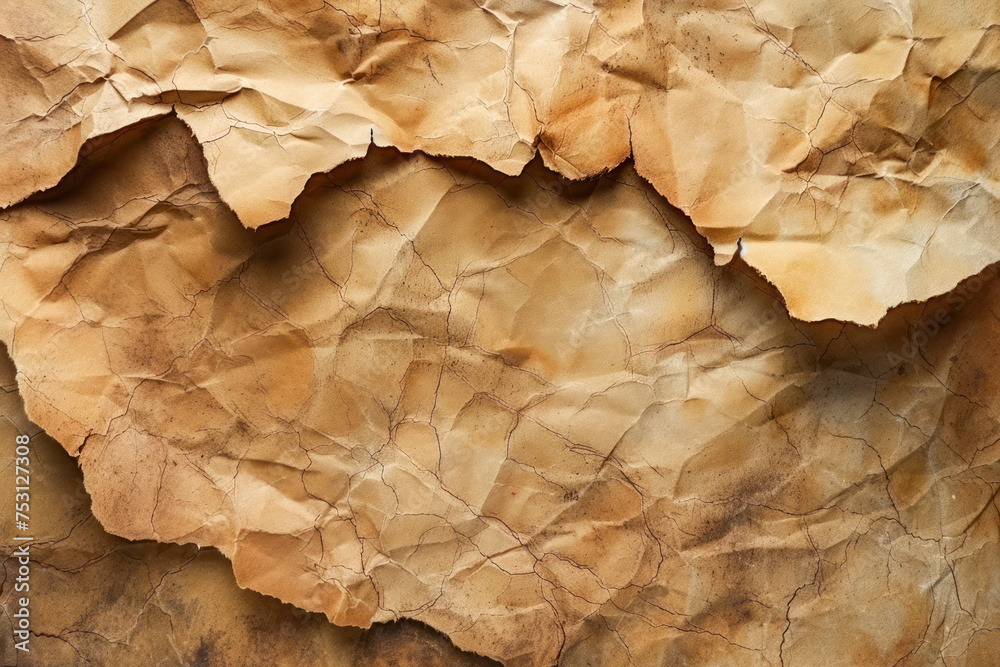 Detailed view of the texture and patterns on crumpled old brown paper with text space Detailed view of the texture and patterns on crumpled old brown paper with text space