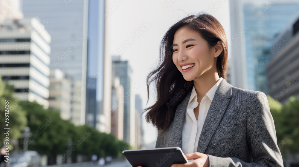 Smiling young professional woman holding a tablet, dressed in a business suit, standing on a city street with skyscrapers in the background Smiling young professional woman holding a tablet, dressed in a business suit, standing on a city street with skyscrapers in the background