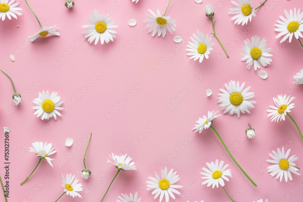 Obraz premium Minimal styled concept. White daisy chamomile flowers on a pale pink background. summer, spring concept