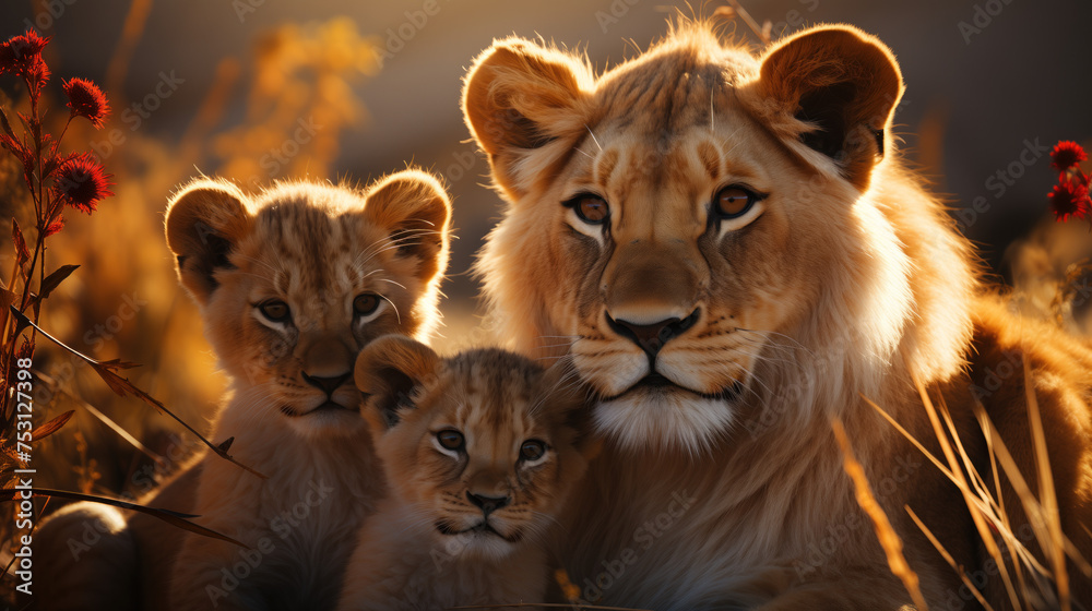 Lioness with two cubs, under the rays of the sun Lioness with two cubs, under the rays of the sun