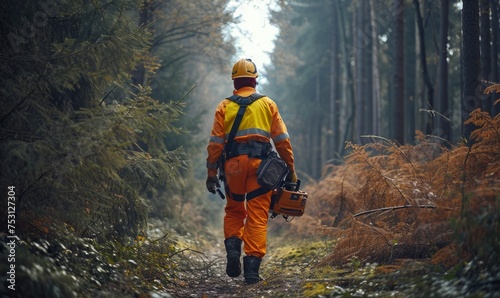 Forrest worker in orange protect suit holding chainsaw in his hand,