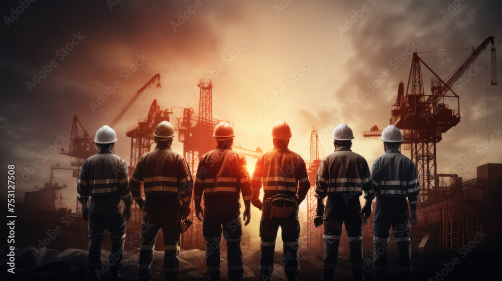 Fototapeta premium Group of construction workers in safety gear, including helmets and reflective vests, standing at a construction site, facing towards a sunrise or sunset