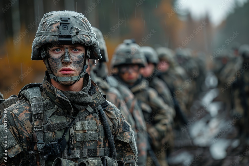 A group of soldiers in full combat gear stands attentively in a rainy environment, ready for action