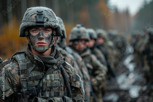 A group of soldiers in full combat gear stands attentively in a rainy environment, ready for action © familymedia