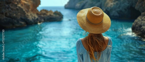 Young Woman on Ocean Coastline Blue Background © Custom Media