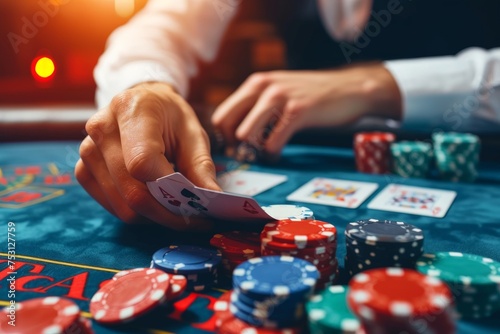 Hands of man croupier shuffles poker cards in a casino against the background of a table, chips,. The concept of playing poker, gaming business.