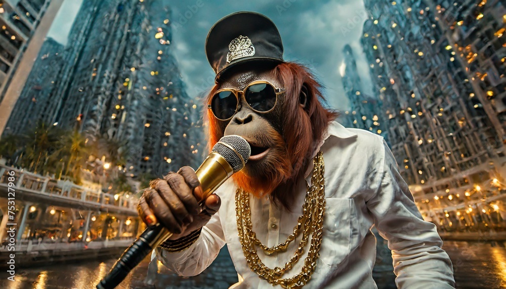 Orang Utan ape rapping on the street in big city, gold chain, microphone and sunglasses