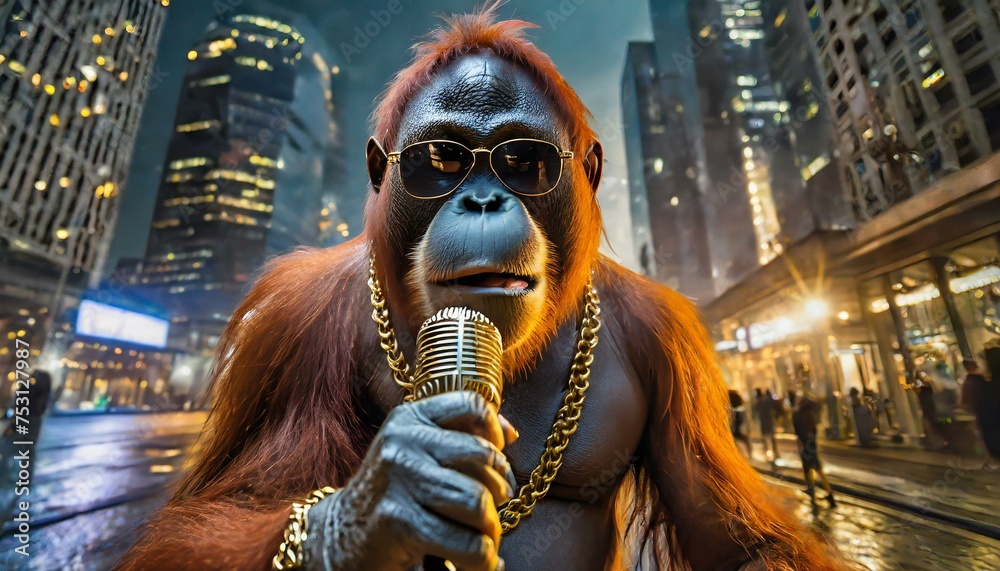 An Ant Rapping Orang Utan ape rapping on the street in big city, gold chain ...