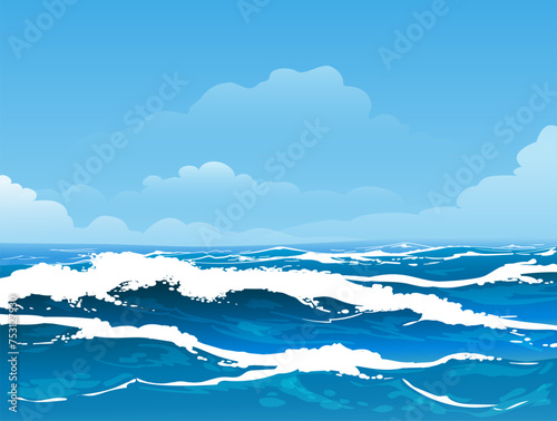 Sea Surface Cartoon Seascape with Waves Sky and White Clouds Illustration