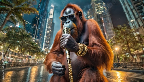 Orang Utan ape rapping on the street in big city, gold chain, microphone and sunglasses
