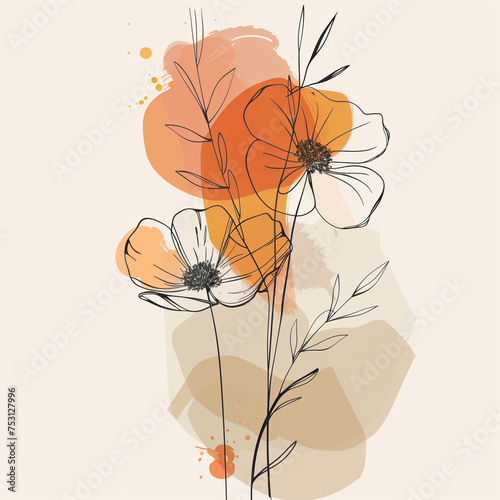 abstract orange red flowers  minimalistic lines earth tones