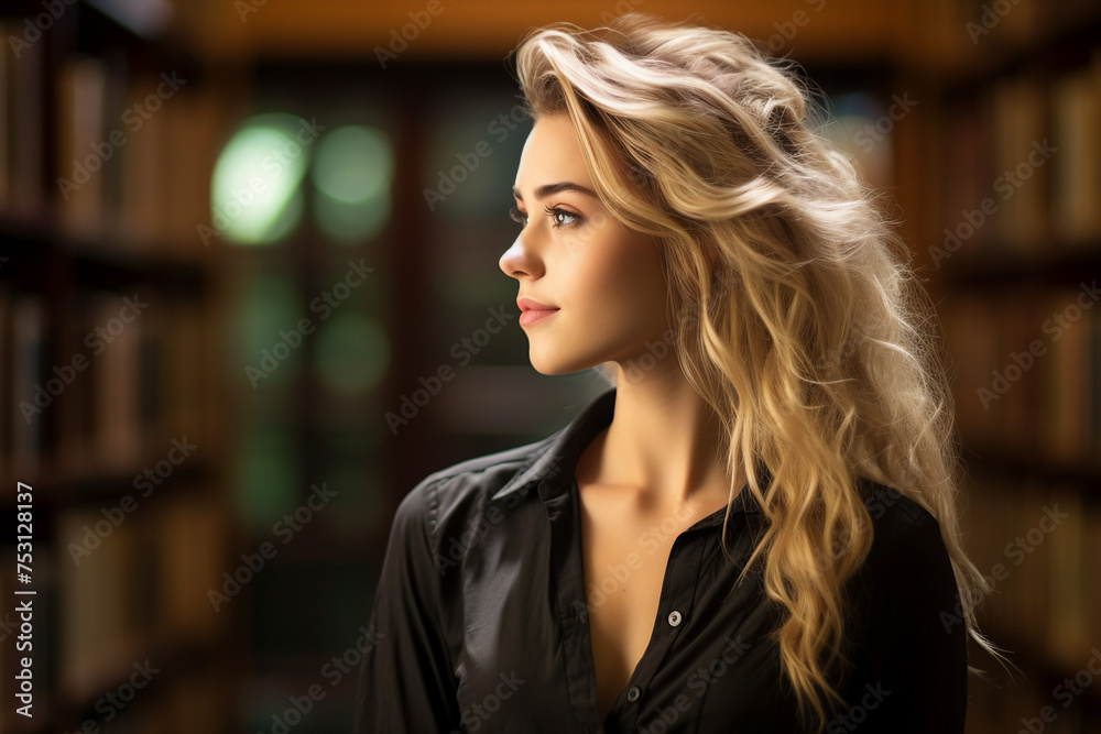 Female student standing in front of book shelves in college library generative AI technology Female student standing in front of book shelves in college library generative AI technology