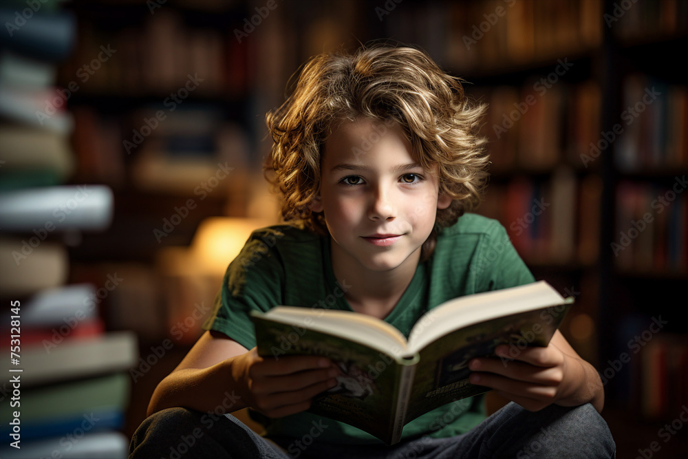 Cute schoolchild reading book surrounded by library shelves generated with AI generative technology Cute schoolchild reading book surrounded by library shelves generated with AI generative technology