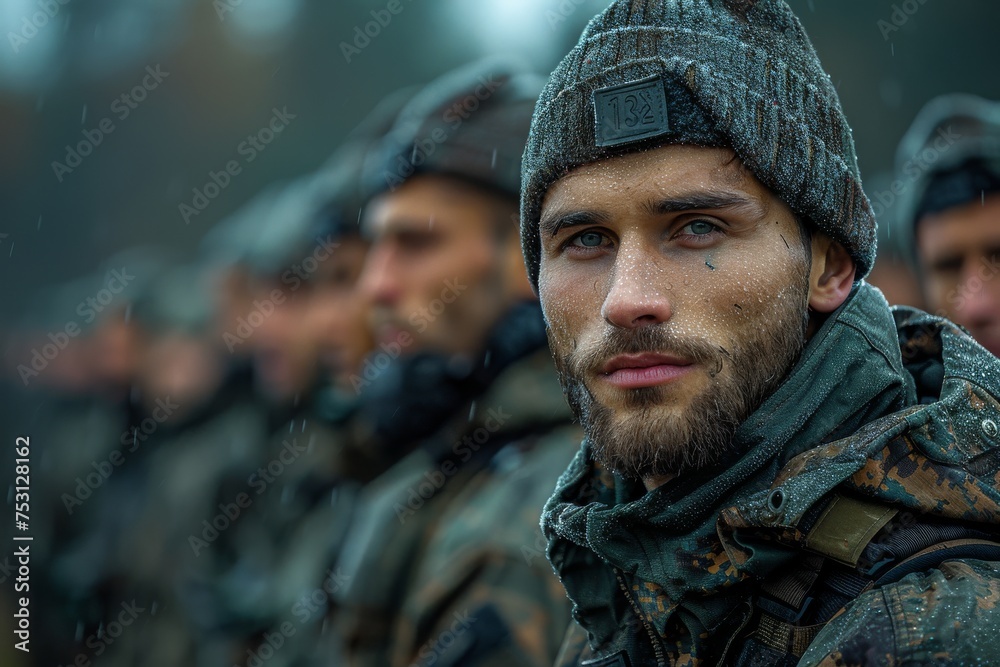 Portrait of a soldier with piercing eyes and raindrops, flanked by out of focus companions, emanating seriousness
