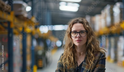 A woman with glasses confidently stands with her arms crossed in a warehouse setting.
