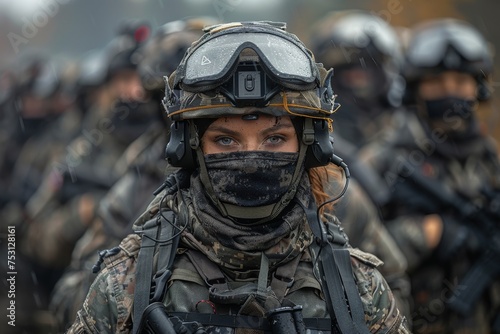 A soldier's portrait focusing on the modern, high-tech helmet and detailed combat gear with a blurred unit