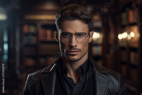 Generated with AI photo of young handsome elegant man standing in large library among bookshelves