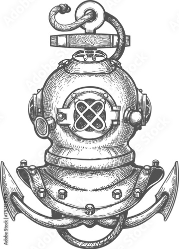 Diving Helmet and Ship Anchor Engraving Tattoo