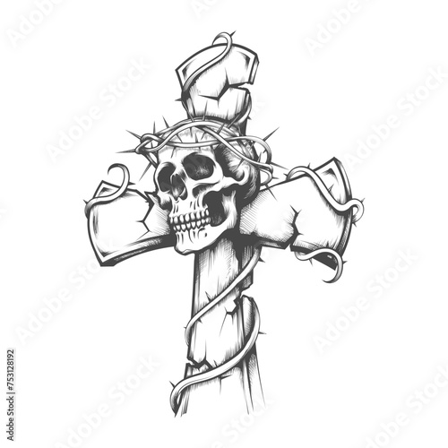 Human Skull on a Grave Cross Engraving Tattoo