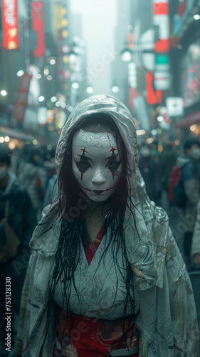 Enigmatic woman dances in Shibuya night, wearing kimono, white mask, amid misty, eerie aura.generative ai