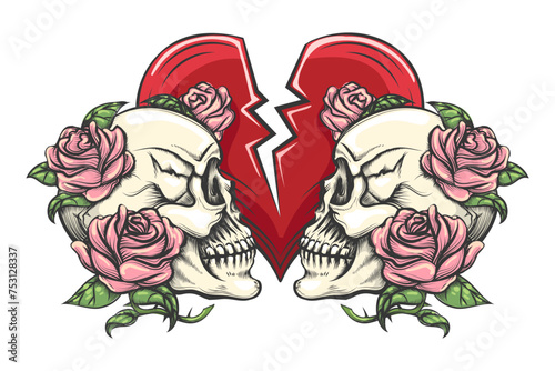 Two Skulls in Roses and Broken Heart Engraving Tattoo