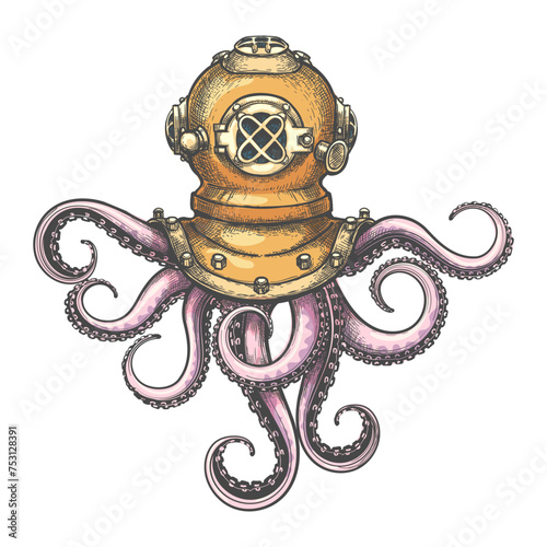 Engraving Tattoo of Octopus in Retro Diving Helmet