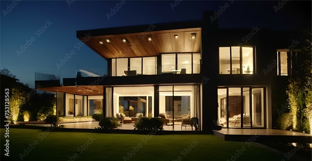 luxurious modern house exterior house illuminated by elegant lighting and garden in the evening Generative AI
