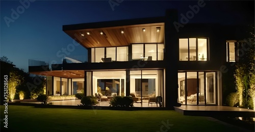 luxurious modern house exterior house illuminated by elegant lighting and garden in the evening Generative AI  © Muqadas