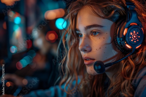 Intense close-up of a female gamer with headphones, focused on the screen during a competitive game
