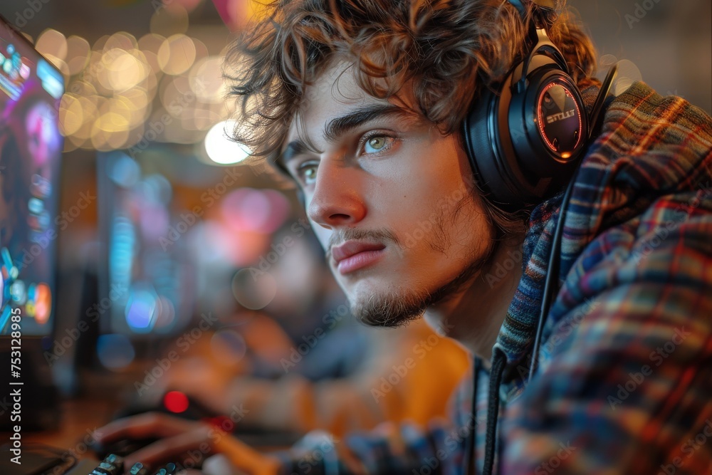 A young man with curly hair deeply focused while playing a video game at night wearing headphones