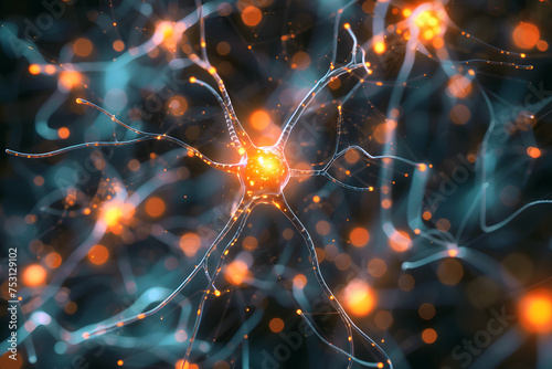 Abstract network background, glowing neurons spark in the twilight, a network of glowing neurons, with information flowing between them in the form of electrical impulses, generative ai