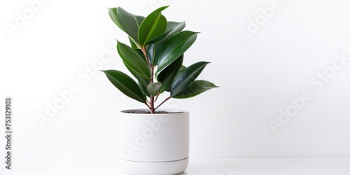 White ceramic pot with rubber plant on white background. Minimal concept for home decoration.